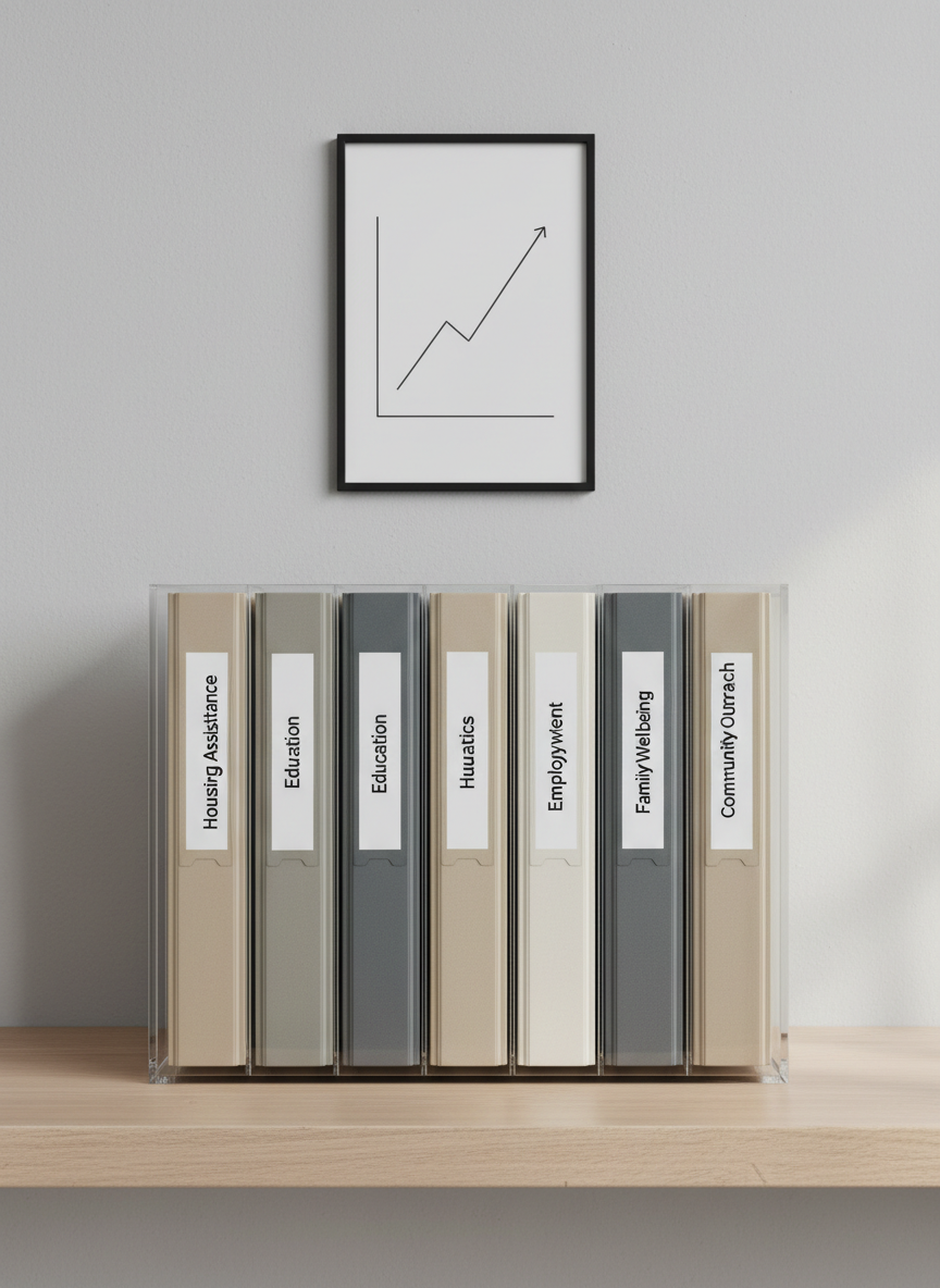 A close-up, eye-level shot of a transparent acrylic file organizer on a light ash wood shelf, filled with uniformly labeled folders in muted tones of sand, slate, and ivory. Each folder spine features tidy, black printed labels such as “Housing Assistance,” “Education,” and “Health Services.” Behind the organizer, a matte pale-gray wall is barely textured, with a single, minimal line graph framed in thin black metal hanging precisely level. Soft overcast daylight diffuses from the right, creating gentle gradients and minimal shadows that emphasize clean lines. The composition is tightly framed, symmetrical, and sharply focused, projecting an atmosphere of order, professionalism, and trust. The visual style is photographic realism with a modern corporate aesthetic, ideal for representing categorized nonprofit resources.